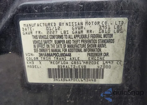 2012 Nissan Sentra 2.0 Sr из США, поврежденный, VIN 3N1AB6AP0CL693448